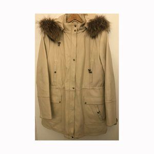 Danier White Leather Parka with Removable Lining and Hood Size XL Fur Trim